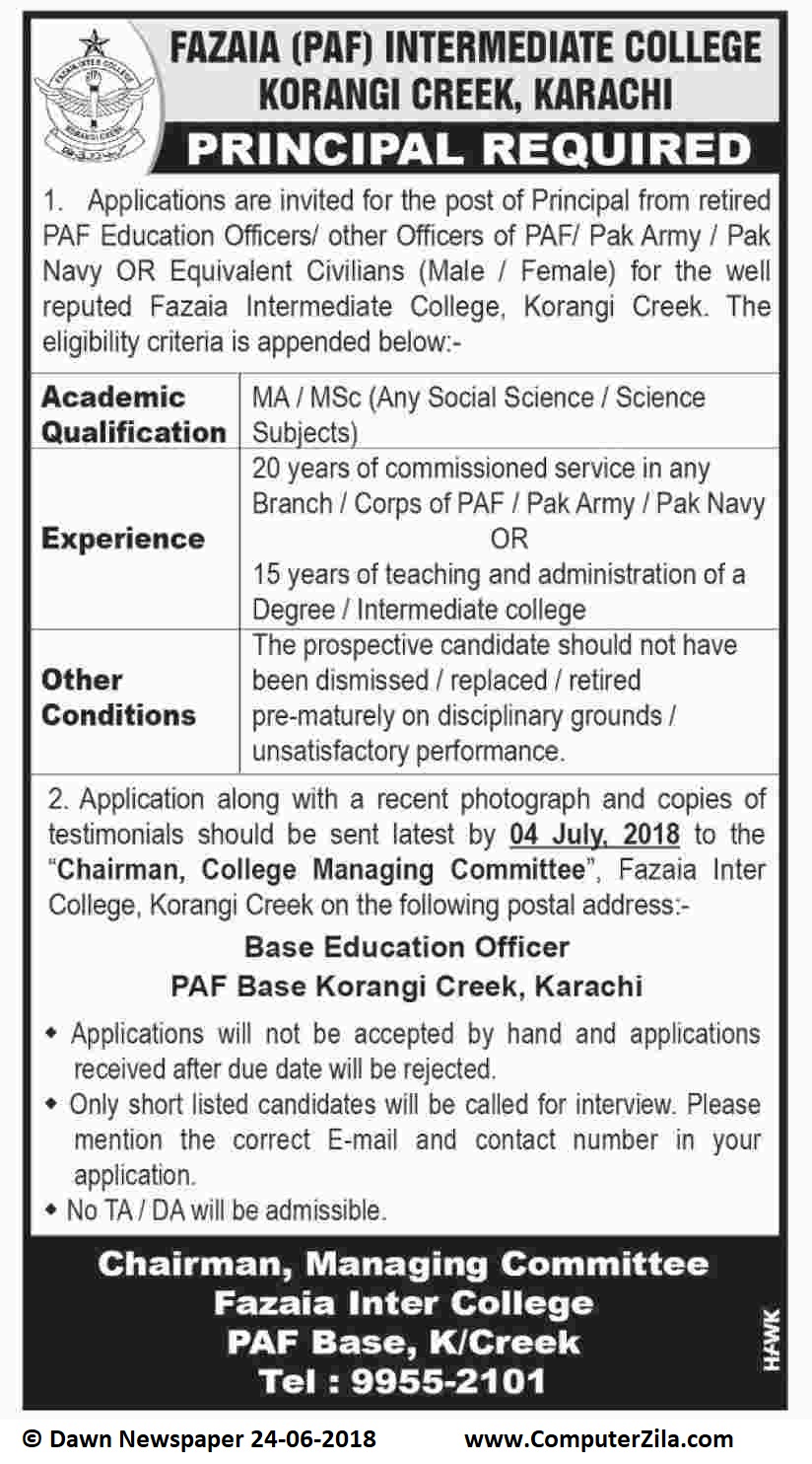 Principal Required at Fazaia (PAF) Intermediate College Korangi Creek