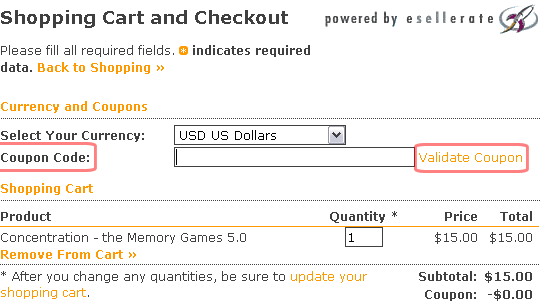 Purchase Concentration - the Memory Games; Step 1: Enter Coupon Discount