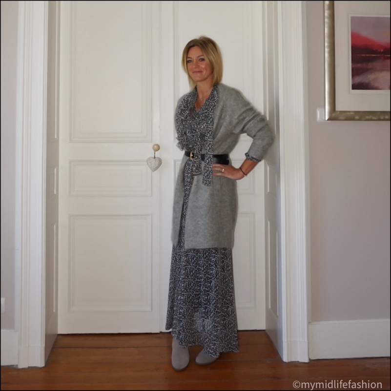 my midlife fashion, boden classic buckle belt, lily and Lionel leopard print maxi dress, Ecco ankle boots, acne studios raya cardigan