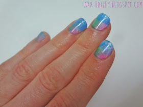 Sponged nail polish, green blue and pink