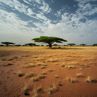 A vast, flat savanna landscape with acacia trees scattered throughout, typical of South Sudan.