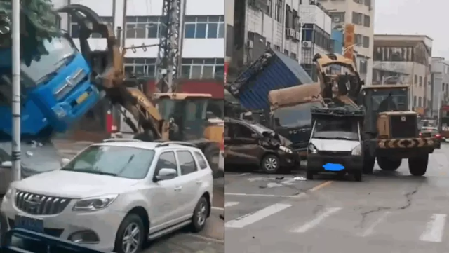 中山男子开铲车，街头乱撞致4人伤