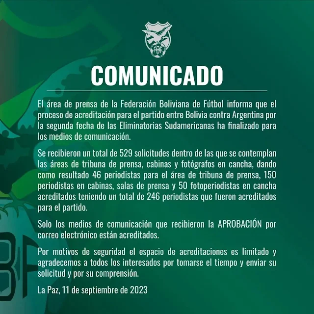 Comunicado Área de Prensa Federación Boliviana de Futbol