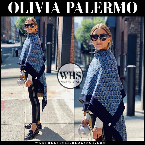 Olivia Palermo in blue printed scarf, skinny pants and black loafers