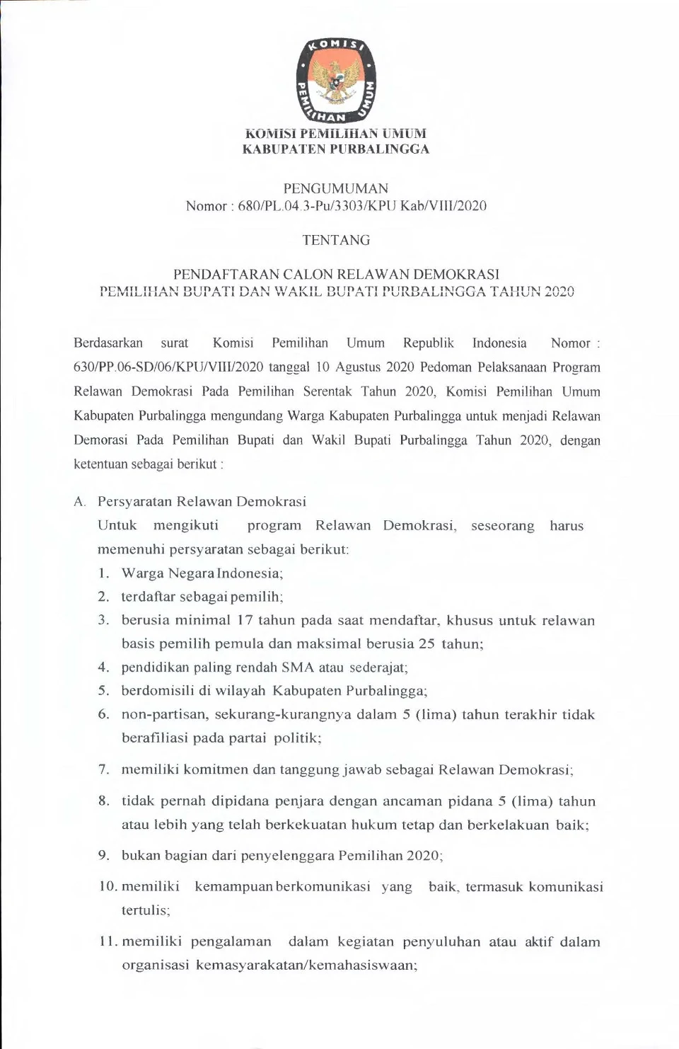 Lowongan Kerja Relawan Demokrasi Komisi Pemilihan Umum Republik Indonesia