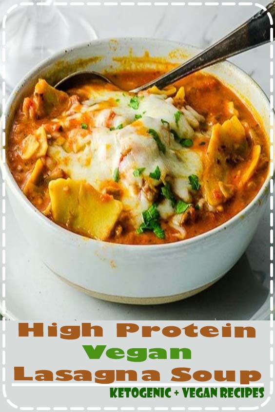 This thick and heart Lasagna Soup is packed with fiber plant based protein. Vegan and gluten free, is a comforting a satisfying meal in a bowl!