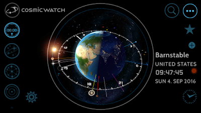 The clock showing the current time at any location you choose along with the positions of the sun, moon, and planets