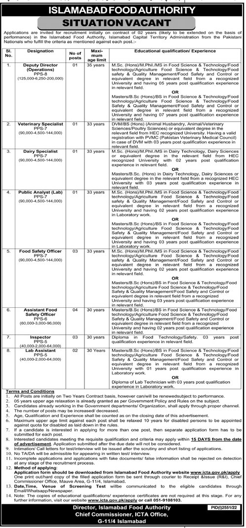 Islamabad Food Authority IFA Jobs 2022 Jobs 2022 – www.icta.gov.pk/apply