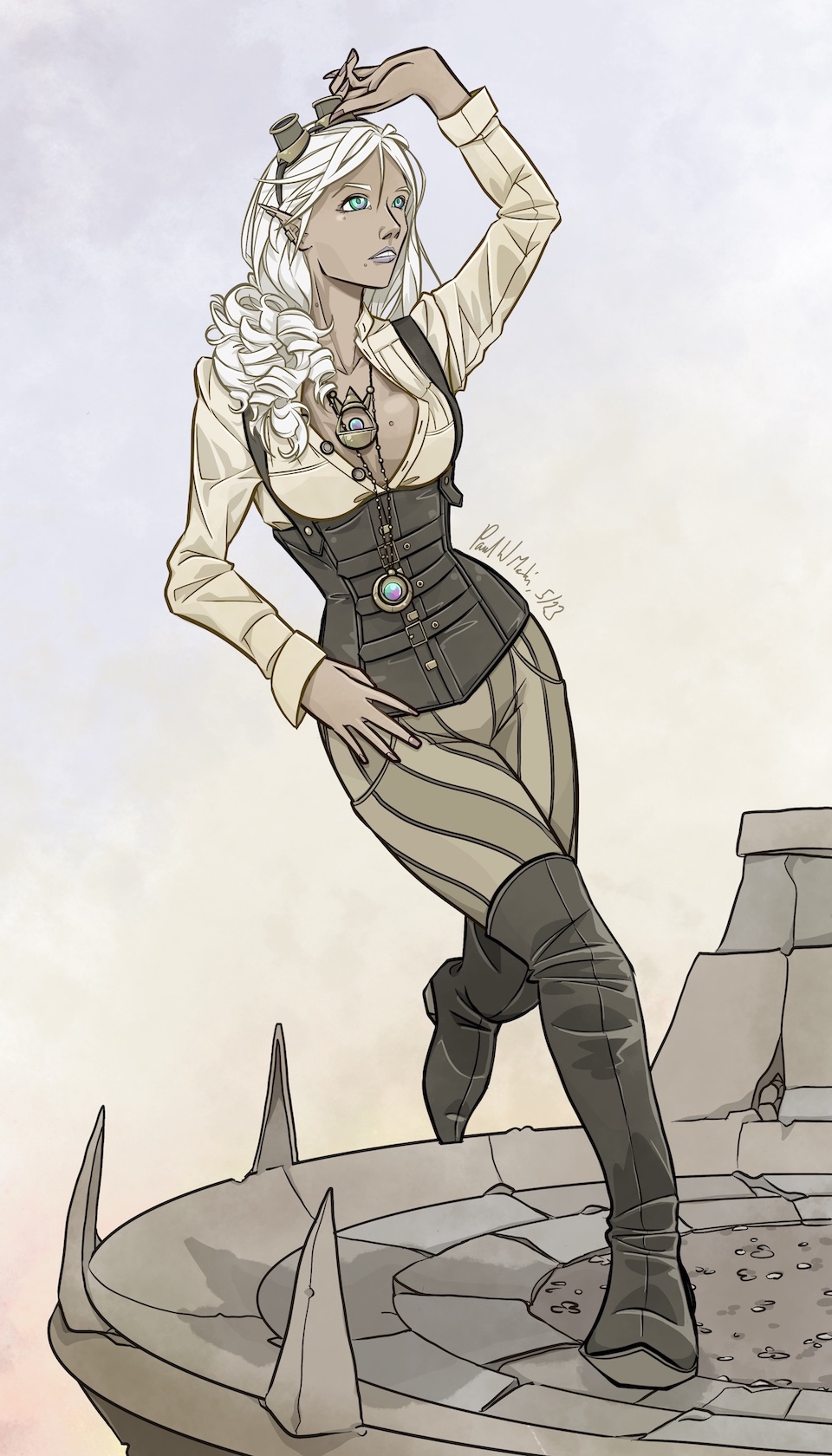 A platinum-haired half-elf with dusky skin, looking up off-camera at something while reaching up for the googles raised up atop her scalp. She's wearing a cream-coloured shirt and brown leather corset and harness, as well as long leather travelling boots. She's also wearing some copper jewellery, hanging down her front, and she's standing on a stone platform with claw-like protrusions.