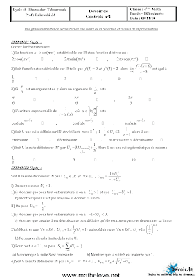 devoir de contrôle 1 mathématiques bac Math