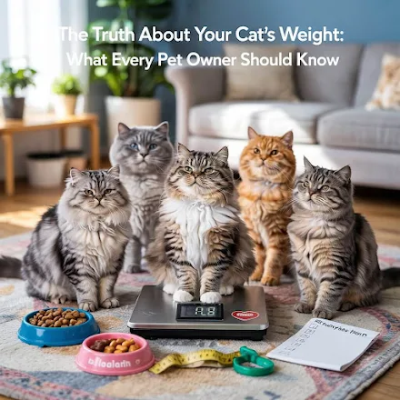 An illustration featuring various cats of different breeds and sizes, surrounded by a weighing scale, healthy food options, and playful toys, emphasizing the importance of maintaining a healthy weight for cats.