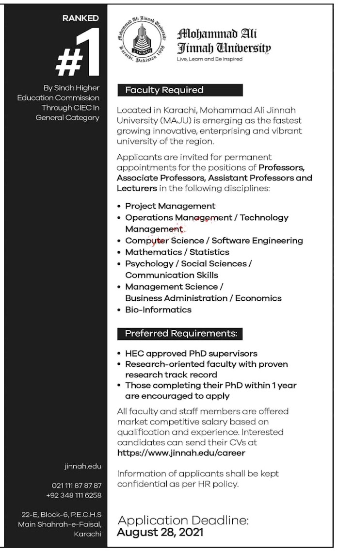 Muhammad Ali Jinnah University Latest Jobs 2021 – MAJU Karachi