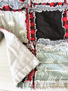 red plaid, black, and gray bear rag quilt crib bedding for baby boy nursery
