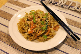 Food Lust People Love: Chinese egg noodles with shrimp and crispy vegetables make a tasty, nutritious meal when tossed with savory peanut sauce. Great room temperature or cold.