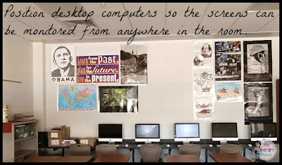 Classroom Decorating Tip: Position desktop computers so the screens can be monitored from anywhere in the classroom.