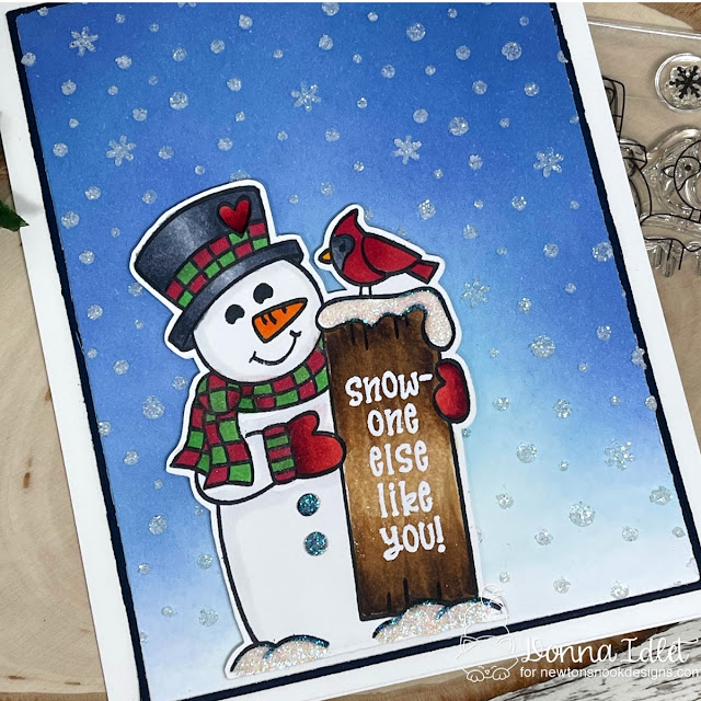 Snowman Greetings Card by Donna Idlet | Snowman Greetings Stamp Set and Petite Snow Stencil by Newton's Nook Designs #newtonsnook #handmade