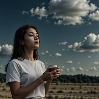 a girl with coffee and a open sky