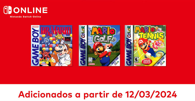 Imagem das capas de Dr. Mario, Mario Golf e Mario Tennis para Game Boy e Game Boy Color no Nintendo Switch Online.