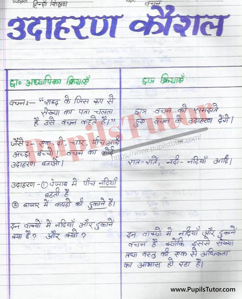 Hindi Grammar Vachan Lesson Plan in Hindi on udahran sahit dristant Kaushal for B.Ed First Year - Second Year - DE.LE.D - DED - M.Ed - NIOS - BTC - BSTC - CBSE - NCERT Download PDF for FREE