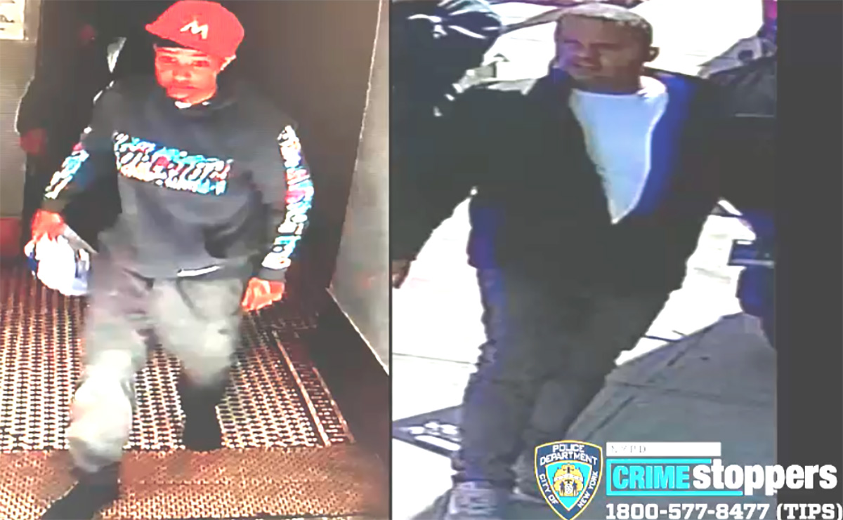 The NYPD is searching for these men in connection with the gunpoint robbery of a delivery man. Cops said the suspect on the left is holding the stolen takeout bag taken during the stickup. -Photo by NYPD