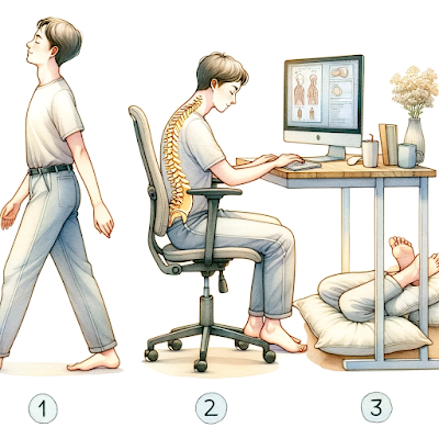 The watercolor illustration has been created to depict the correct postures for walking, sitting, and sleeping, as described in your content. This illustration emphasizes the importance of good posture for health in a light and soothing style.