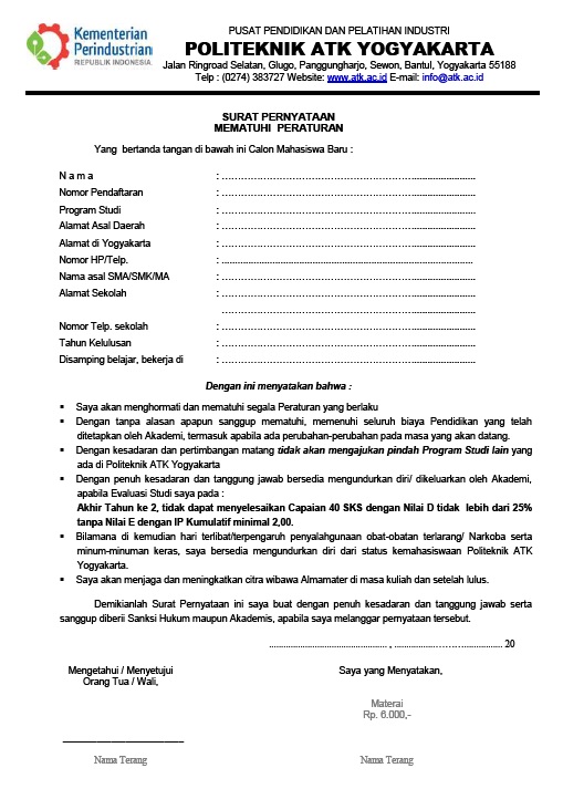 Formulir Pendaftaran dan Surat Pernyataan PMB ATK Tahun 