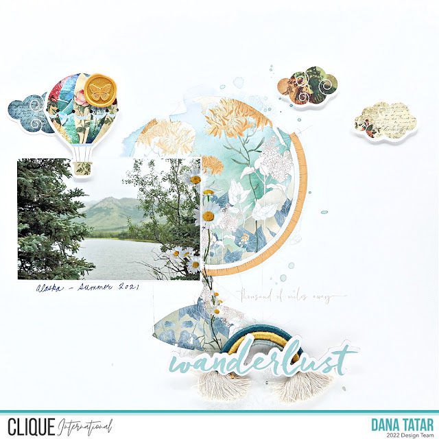 Wanderlust Travel Alaska Scrapbook Layout Using Alexandra Renke Patterned Paper and Hot Air Balloon and Cloud Memory Place Die-Cuts