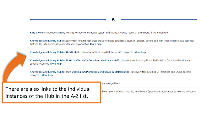 NHS resources page, showing the Hub links in the "K" section of the page