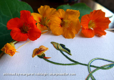 Needlepainted nasturtium bud with the real flowers (Catherine Laurencon Capucines (Inspirations))