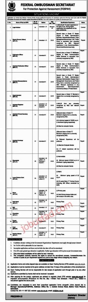 Latest Wafaqi Mohtasib Secretariat Jobs 2023 Advertisement