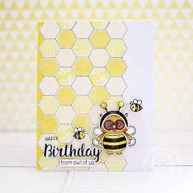 Sunny Studio Stamps: Quilted Hexagons and Happy Owl-o-ween Bumble Bee Themed Birthday Card by Lexa Levana