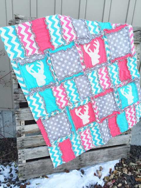 Deer Baby Quilts in Aqua, Hot Pink, and Gray Woodland