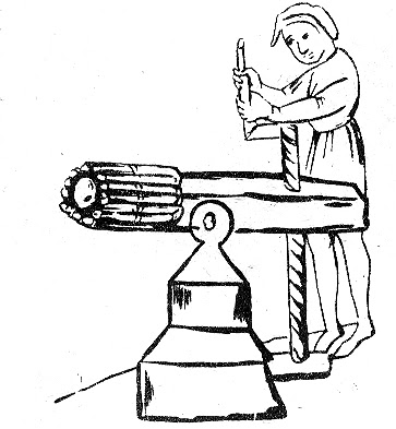 Предшественник револьвера — скорострельная пищаль. (Рисунок из рукописи XVI в.)