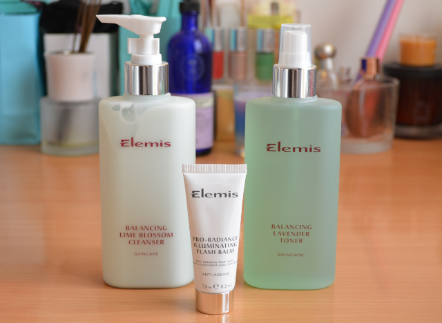 Elemis balancing lime blossom cleanser, Elemis balancing lavender toner, Elemis pro radiance illuminating flash balm