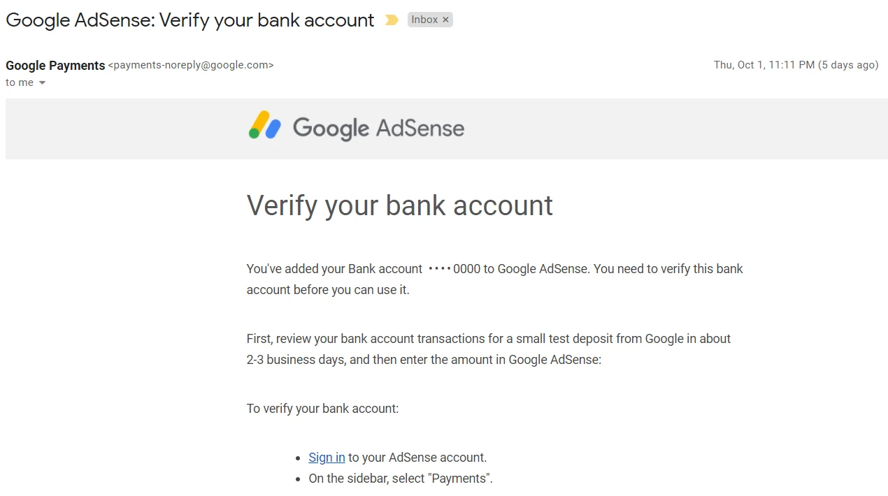 Google AdSense: Verify your bank account
