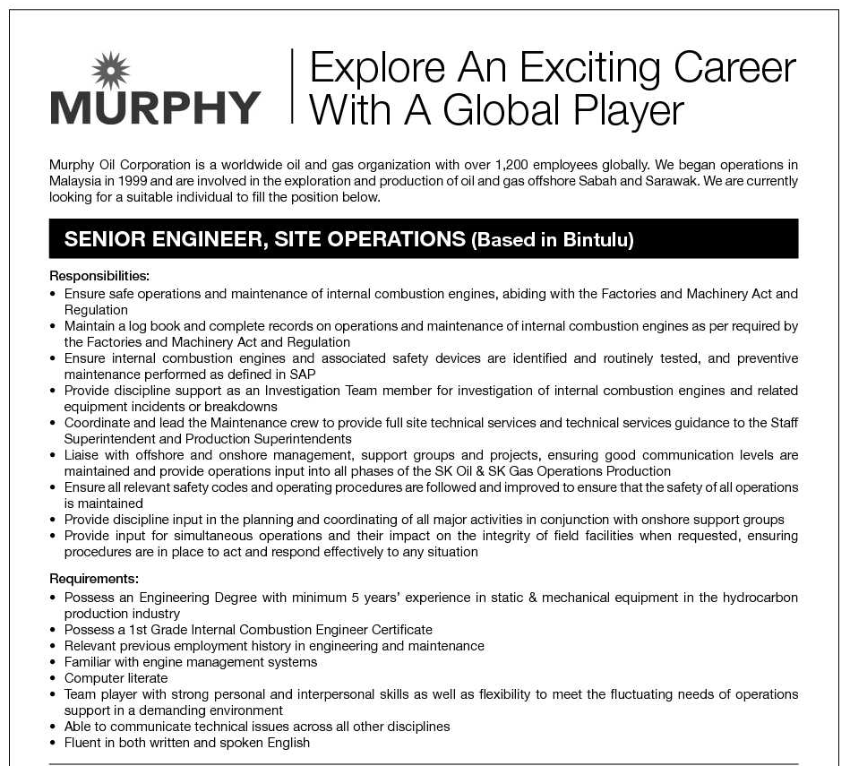 Oil Gas Vacancies Senior Engineer Murphy Oil Bintulu