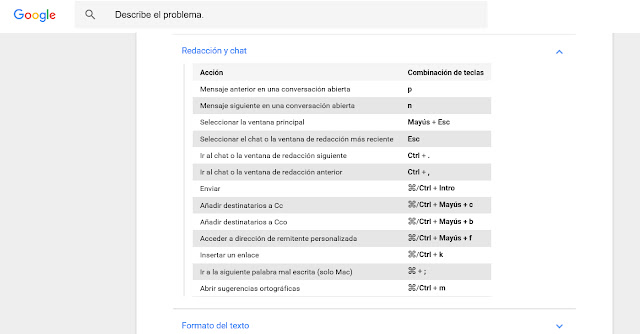 Listado de atajos de Redacción y chat de Gmail. Hay dos asignados a una tecla: p y n, asociados a mensaje anterior y siguiente en una conversación abierta. 