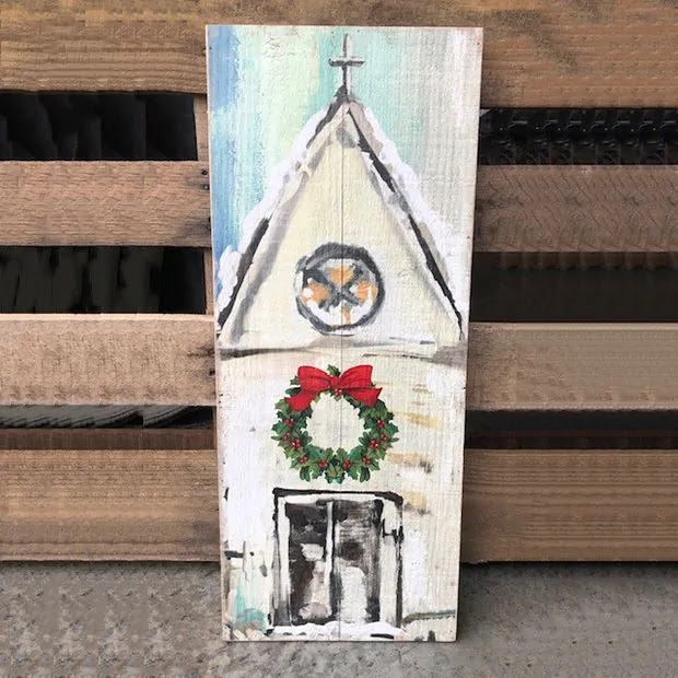 rustic holiday church wall art with Christmas wreath