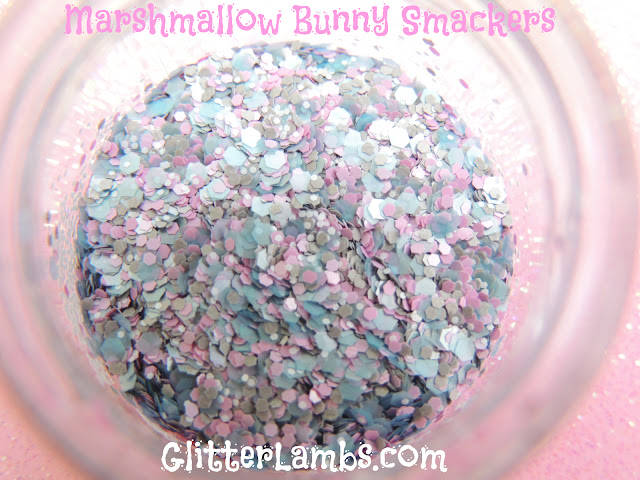 Glitter Lambs "Marshmallow Bunny Smackers" loose glitter mix has an assorted mix of gray hex glitters, light pink hex, light blue hex and tiny white hex.