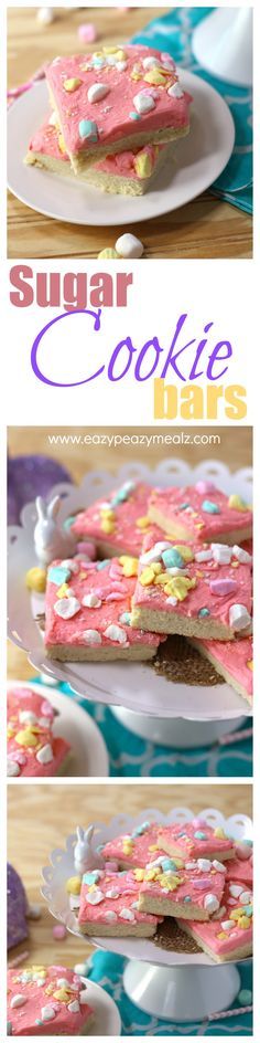 Soft chewy and totally decadent this sugar cookie bars are a real winner. Perfect for a party or crowd. - Eazy Peazy Mealz #sugarcookie #sugarcookiebars #cookie #cookiebar #easterdessert #dessert