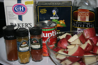 these are the ingredients needed to make curried potatoes Indian food side dish in the crockpot slow cooker