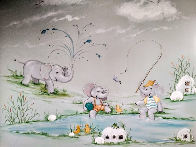 Ζωγραφική παιδικού δωματίου, με ελεφαντάκια που πλατσουρίζουν στα νερά, παιδικές τοιχογραφίες, ταπετσαρίες τοίχου