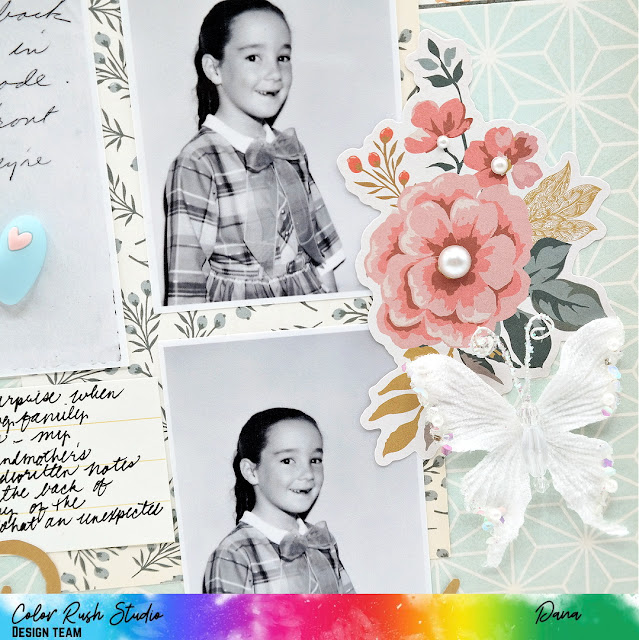 Vintage back-to-school scrapbook layout created with the Simple Stories Wildflower collection and embellishments from Color Rush Studio.