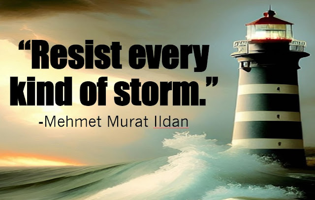 A lightning with waves crashing against it at sunset makes the background for a quote about resisting storms.