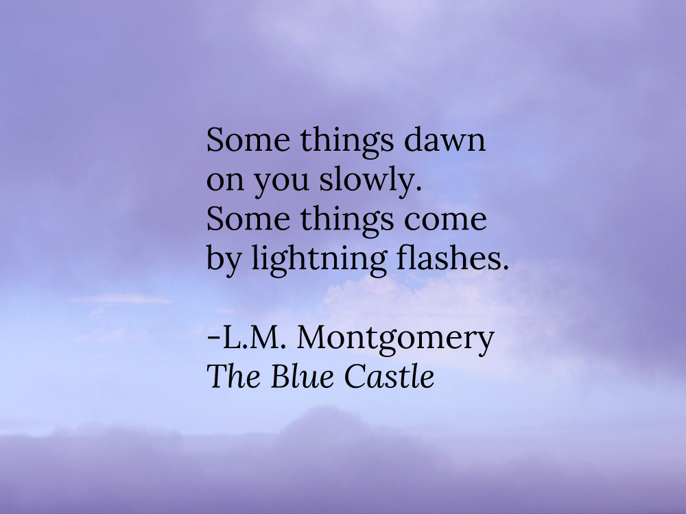 A quote from The Blue Castle by L.M. Montgomery: Some things dawn on you slowly. Some things come by lightning flashes.