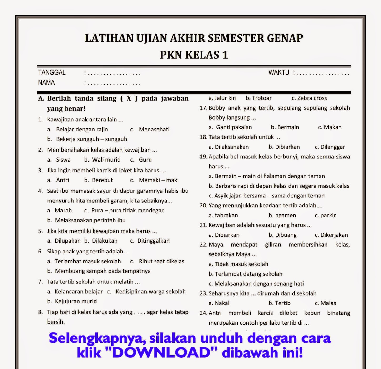 Download Soal Ukk Pkn Kelas 1 Semester Genap Admin Dapodik