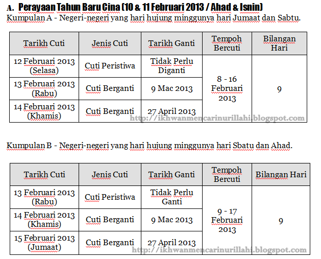 Tarikh Cuti Berganti Persekolahan Sempena Perayaan Tahun Baru 2013