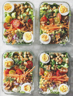 photo of 4 salads in rectangular meal-prep containers