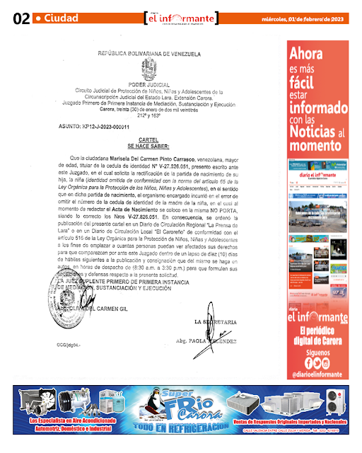 CARTEL DE NOTIFICACIÓN, EXPEDIENTE Nº KP12-J-2023-000011, la ciudadana MARISELA DEL CARMEN PINTO CARRASCO, Nº. V- 27.826.051