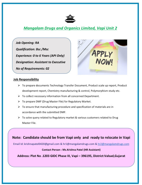 Mangalam Drugs | Hiring Freshers and Experienced in Regulatory affairs | Send CV